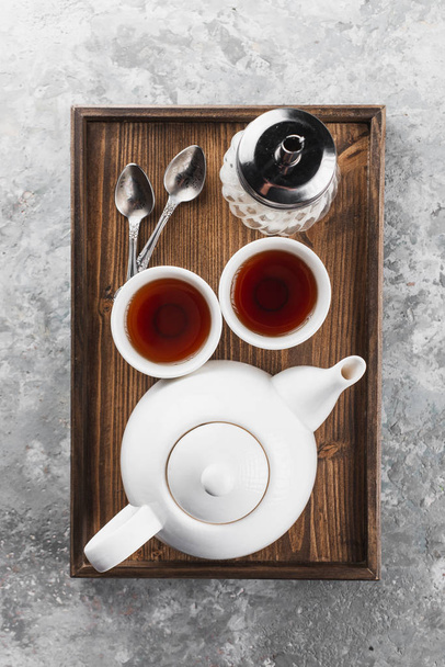 Çaydanlık, çay fincanı, şeker ve kaşık seti - Fotoğraf, Görsel