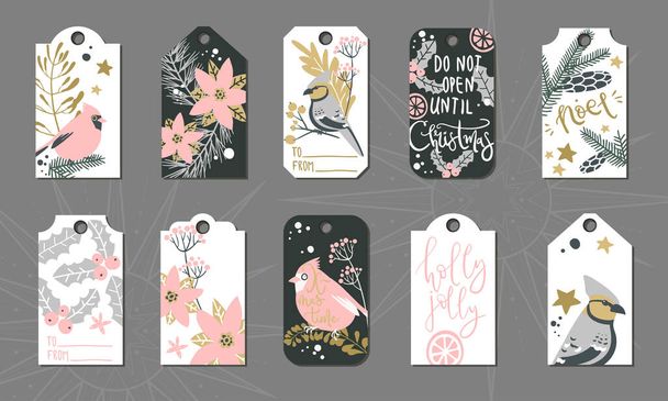 Collection of Christmas and winter gift tags with lettering and birds and plants, ready template, print and use - Vecteur, image
