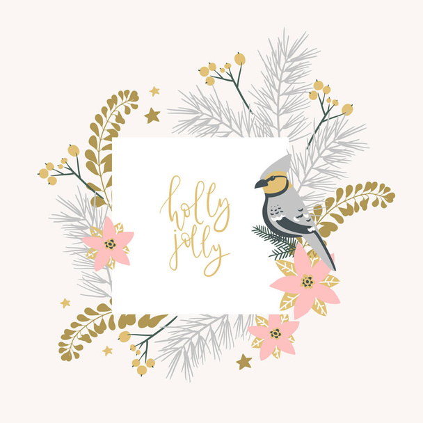 Frame with Christmas decorative elements - plants, branches, jay bird. Traditional symbols, greeting card, vector illustration. - Wektor, obraz