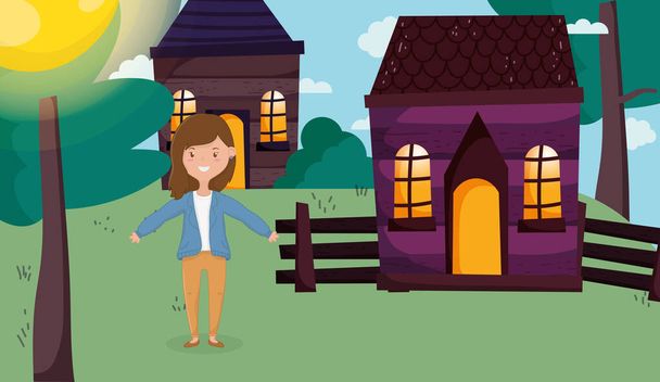 happy woman standing in front of country house - Vector, Image