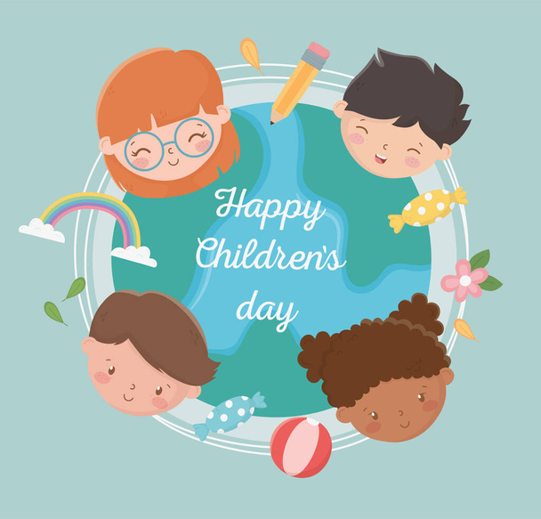happy childrens day international world girls boys faces - Vector, Image