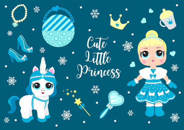 Cute little winter princess and her pet pony collection. Set of vector elements with a cold queen and her accessories, castle and snow. vector - Vector, Image