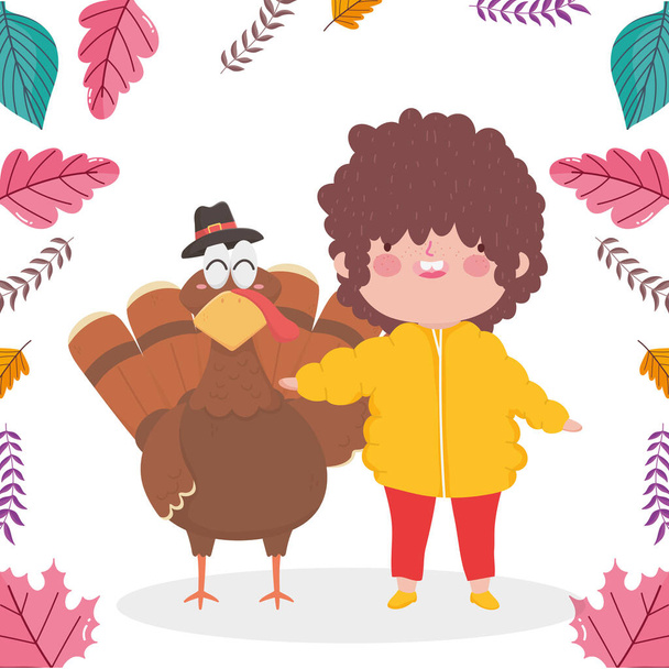 happy thanksgiving day little boy with turkey - Вектор,изображение