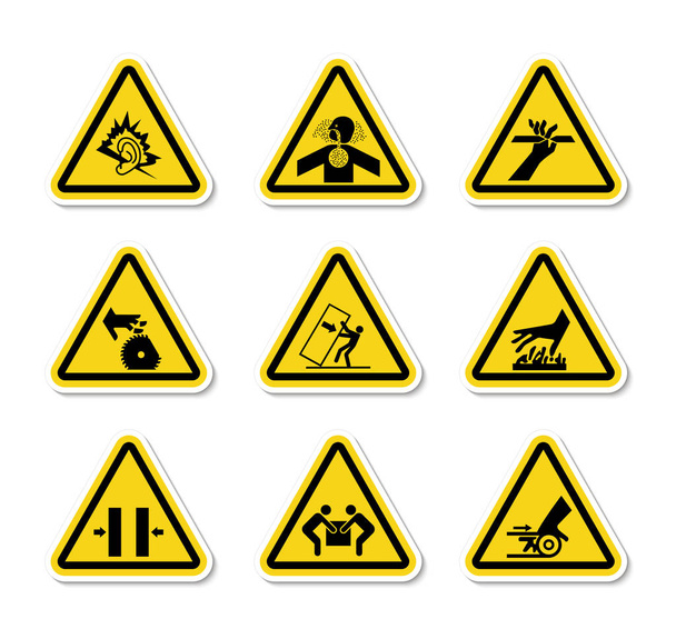 Trojúhelníková výstražná označení nebezpečnosti popisky na bílém pozadí - Vektor, obrázek