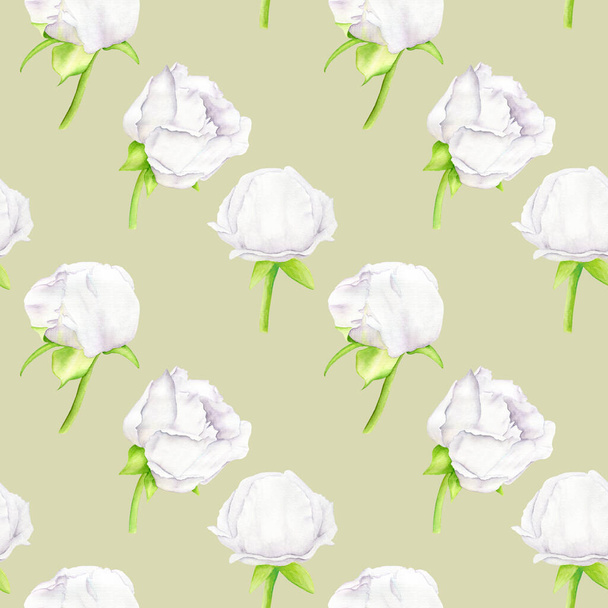 White watercolor Peony flower and buds seamless pattern. Hand drawn illustration on golden background. Design for greeting card, invitation, wedding, textile, decoration, wrapping paper, printing. - Foto, Bild