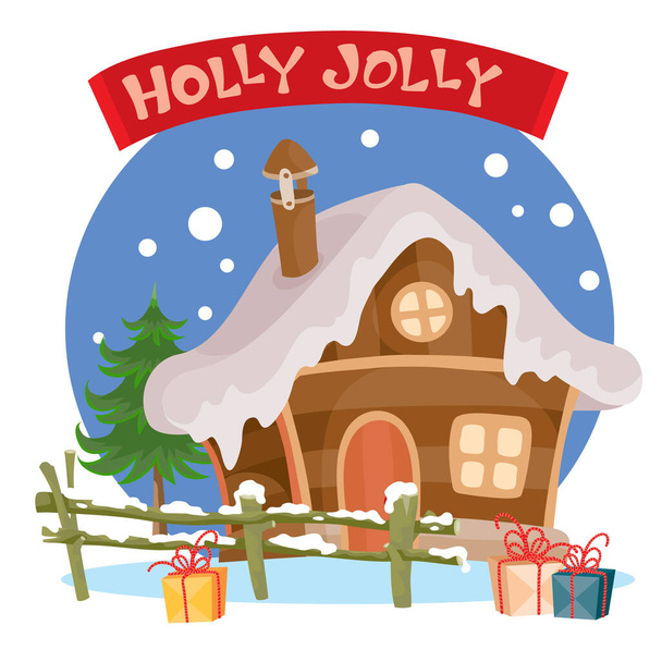 σε ένα χειμερινό τοπίο, ένα φράχτη με δώρα, μπορείτε να δείτε ένα σπίτι με ένα χριστουγεννιάτικο δέντρο πίσω του και χιονίζει, η ατμόσφαιρα των Χριστουγέννων και τις διακοπές της Πρωτοχρονιάς, - Διάνυσμα, εικόνα