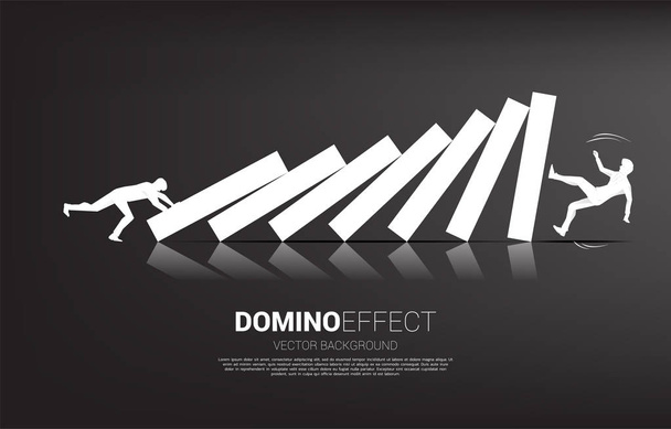 Silhouette of businessman pushing to collapse domino to another businessman. business concept of business disruption and domino effect - Vector, Image