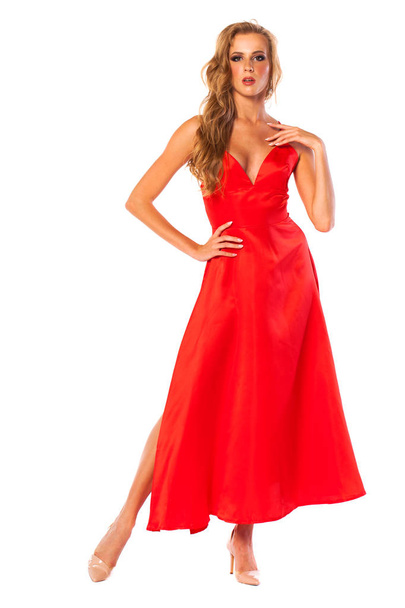 Young beautiful happy blonde woman in red dress - Foto, Imagem