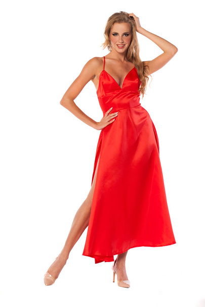 Young beautiful happy blonde woman in red dress - Foto, imagen