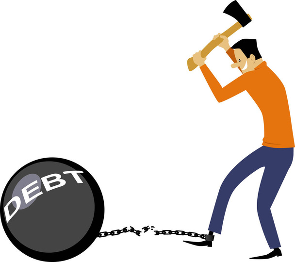 Man hacking off a ball of debt attached to her ankle with a chain, EPS 8 vector illustration - Vector, Image