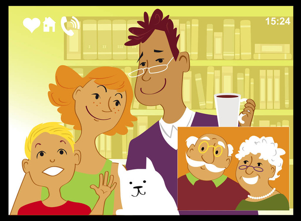 Familia hablando con los abuelos a través de chat de vídeo en una pantalla de ordenador, EPS 8 vector ilustración
 - Vector, imagen