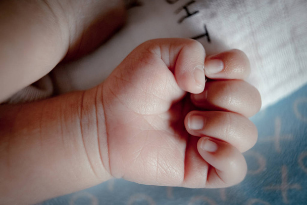 Nahaufnahme und selektiver Fokus auf die Finger des Neugeborenen mit der Hand seiner Mutter. - Foto, Bild