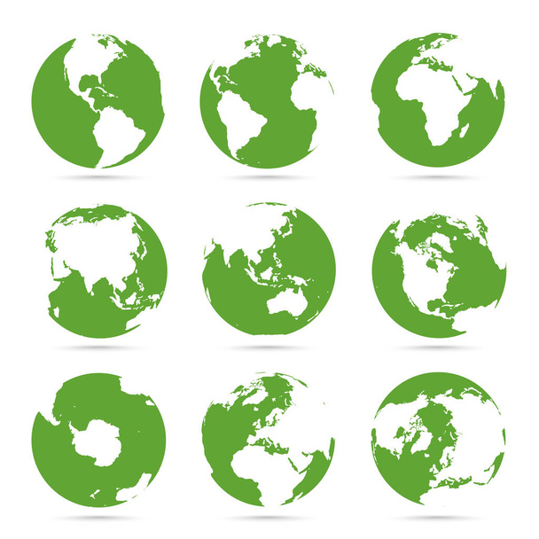 Коллекция иконок Глобусов. Зеленый глобус. Планета с континентами
 - Вектор,изображение