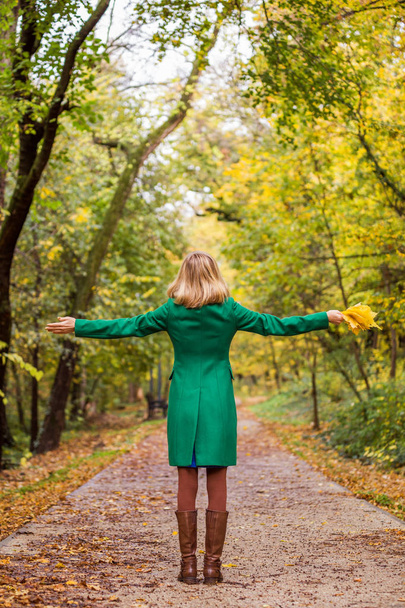 Woman with her arms outstretched holding fall leafs and enjoys in autumn. - Фото, изображение