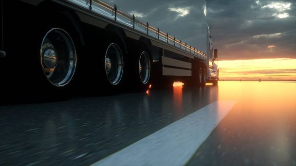 Semi Truck Wielen Closeup op asfalt weg snelweg bij zonsondergang - vervoer achtergrond. 3d destructie - Foto, afbeelding