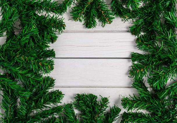 Fir branches on white wooden board - Фото, изображение