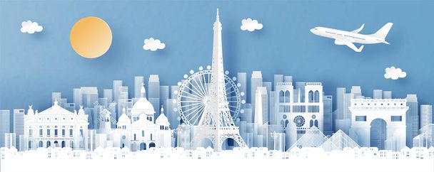 Панорамный вид на Париж, Францию и город с всемирно известными достопримечательностями на векторной иллюстрации в стиле вырезанной бумаги
 - Вектор,изображение