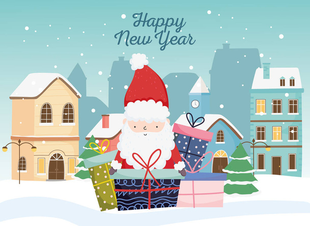 happy new year 2020 celebration cute santa gifts town snow - Vector, imagen