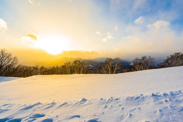 Bela paisagem com montanha em torno da árvore no mar de inverno de neve
 - Foto, Imagem