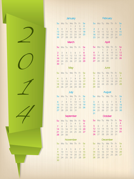 Kalender 2014 mit grünem Origami-Pfeil - Vektor, Bild
