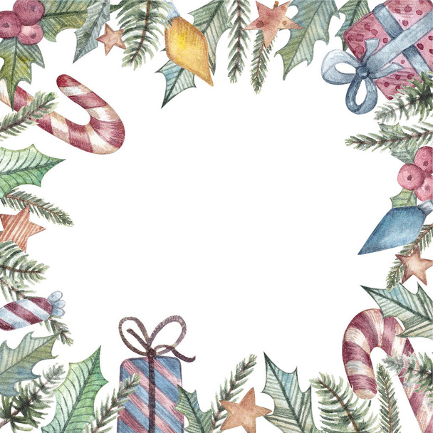 Akvarell ünnepi keret. Karácsonyi dekoráció keret ajándékokkal, cukorkák és csillagok meghívó, üdvözlőlapok, blog design és egyéb célokra.  - Fotó, kép