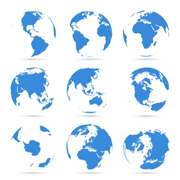 Globensymbolsammlung. Blauer Globus. Planet mit Kontinenten - Vektor, Bild