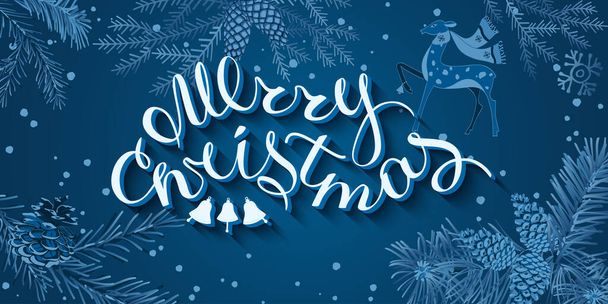 Merry Christmas-hand lettering. Blue Christmas tree branches and pine cones on a dark blue background. - Vector, Image