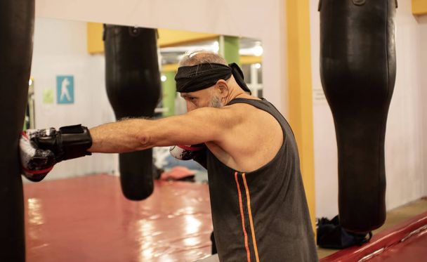 Senior male boxer ready to fight. Senior boxer in gloves boxing in gym - Фото, зображення