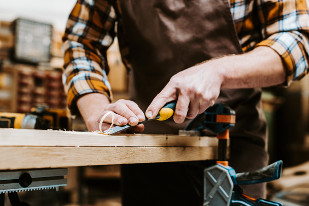 Ausgeschnittene Ansicht eines Holzarbeiters, der Meißel hält, während er Holz in der Werkstatt schnitzt  - Foto, Bild