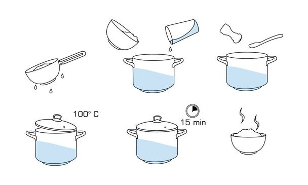 How to cook rice with few ingredients easy recipe. Instruction on rice making process for breakfast. Hot bowl with tasty food.  - Vetor, Imagem