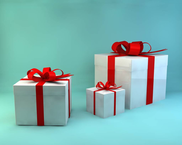 Representación 3D Cajas de regalo de ilustración 3D o caja actual con cinta roja aislada sobre fondo de color pastel con espacio en blanco
 - Foto, imagen