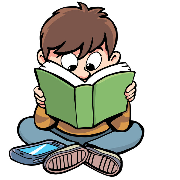 jongen die een boek leest en geen mobiele telefoon gebruikt - Vector, afbeelding