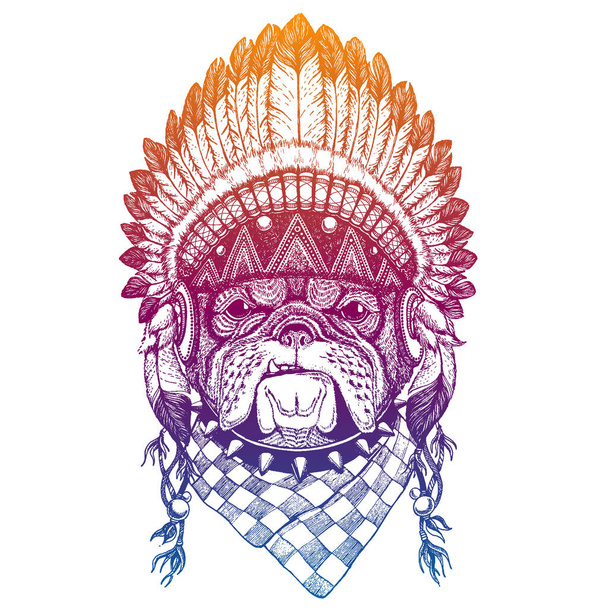 Portrait of vector dog, bulldog. Animal wearing traditional indian headdress with feathers. Tribal style illustration for little children clothes. Image for kids tee fashion, posters. - Vector, Image