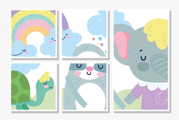 baby shower card carino elefante orso tartaruga arcobaleno nuvole - Vettoriali, immagini