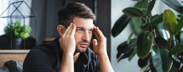 panoramic shot of handsome man with headache touching head in apartment  - Фото, изображение
