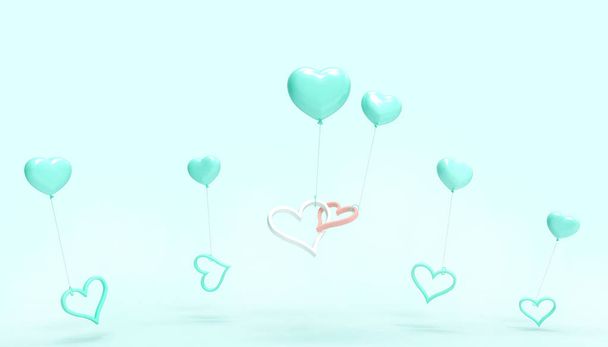 Amore e cuori palloncini e San Valentino concetto di matrimonio saluto Ispirazione Moderno e carte su sfondo verde - rendering 3d
 - Foto, immagini
