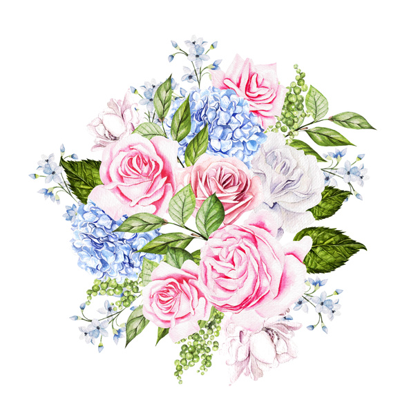 Piękny akwarelowy bukiet ślubny z akwarelowymi różami, hortensjami, liśćmi i jagodami.  - Zdjęcie, obraz