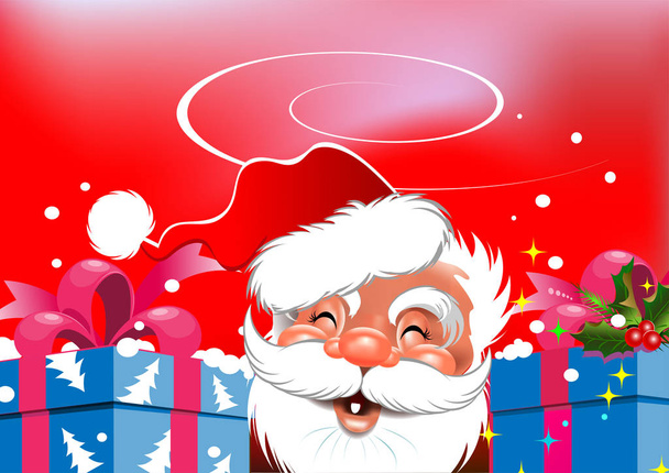 Weihnachtskarte. glücklicher Weihnachtsmann mit Geschenken auf rotem Hintergrund. Vorlage für Ihr Weihnachts- und Neujahrsdesign: Grußkarten, Banner, Poster. Vektorgrafik - Vektor, Bild