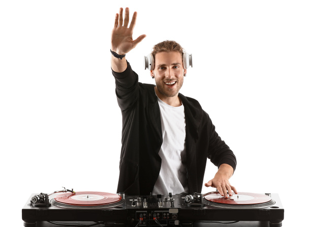 DJ masculino tocando música sobre fondo blanco
 - Foto, imagen
