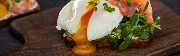 Panoramik bir Danimarka usulü smorrebrod sandviçi. Haşlanmış yumurta, taze somon balığının yanında. Tahta kesme tahtasında.  - Fotoğraf, Görsel