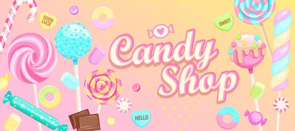 Candy shop uvítací prapor se sladkostmi. - Vektor, obrázek
