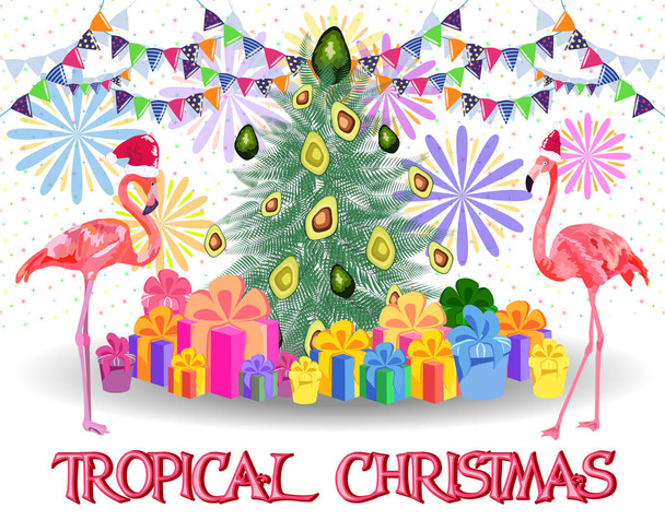 Kerstboom gemaakt van tropische bladeren van monstera, avocado, flamingo 's in de hoeden van de Kerstman, geschenken onder de kerstboom, vuurwerk. Nieuwjaarsfeest concept, banner, ansichtkaart, creatief. - Vector, afbeelding
