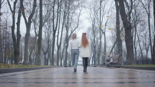 Camera following young Caucasian man with long hair and redhead woman walking along the alley in autumn city park. Happy boyfriend and girlfriend having date outdoors. Couple in retro clothes. - Metraje, vídeo