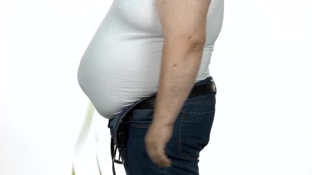 Man with large belly on white background. - Footage, Video