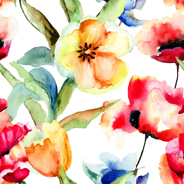 Seamless wallpaper with Yellow Tulips and Poppy flowers - Zdjęcie, obraz