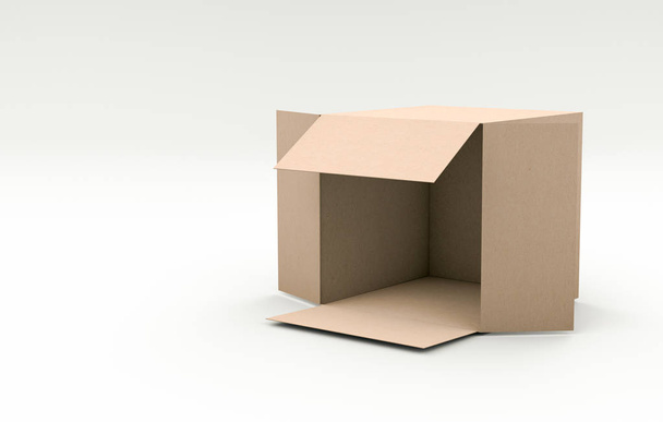 3D Αποτύπωση-κενό χάρτινο κουτί Ανοικτό και με κλίση προς τα πάνω, απομονωμένο σε λευκό φόντο - Φωτογραφία, εικόνα
