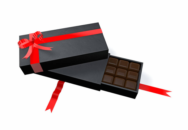 Chocolate Box Set with red ribbon isolated white background,3D Rendering - Fotoğraf, Görsel