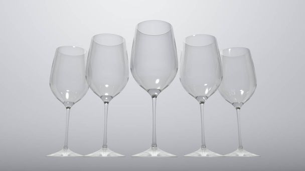3D renderovaná realistická sada pěti průhledných sklenic na víno, izolovaná na bílém pozadí. - Fotografie, Obrázek