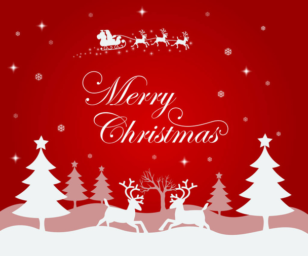 白いクリスマスツリーとその周りの2匹の鹿のイラスト。サンタさんが空を飛んでいます。雪の結晶とクリスマスの装飾.  - ベクター画像