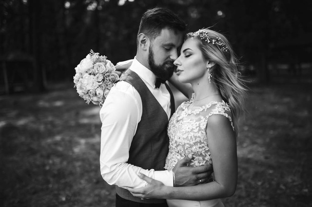 Sensual Black and white foto of bride and groom. Stylish couple of happy newlyweds posing in the park on their wedding day. Handsome bearded groom admires and kisses pretty bride. Together. - Photo, image